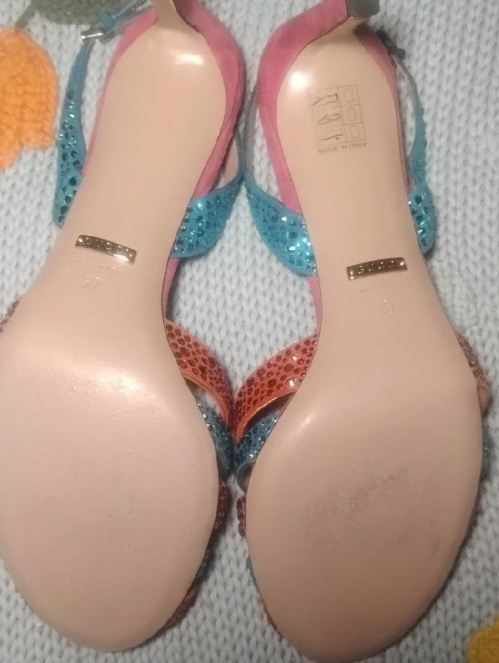 Gucci Pink, Blue & Orange Jeweled Slingback Sandals Heels Sz 7